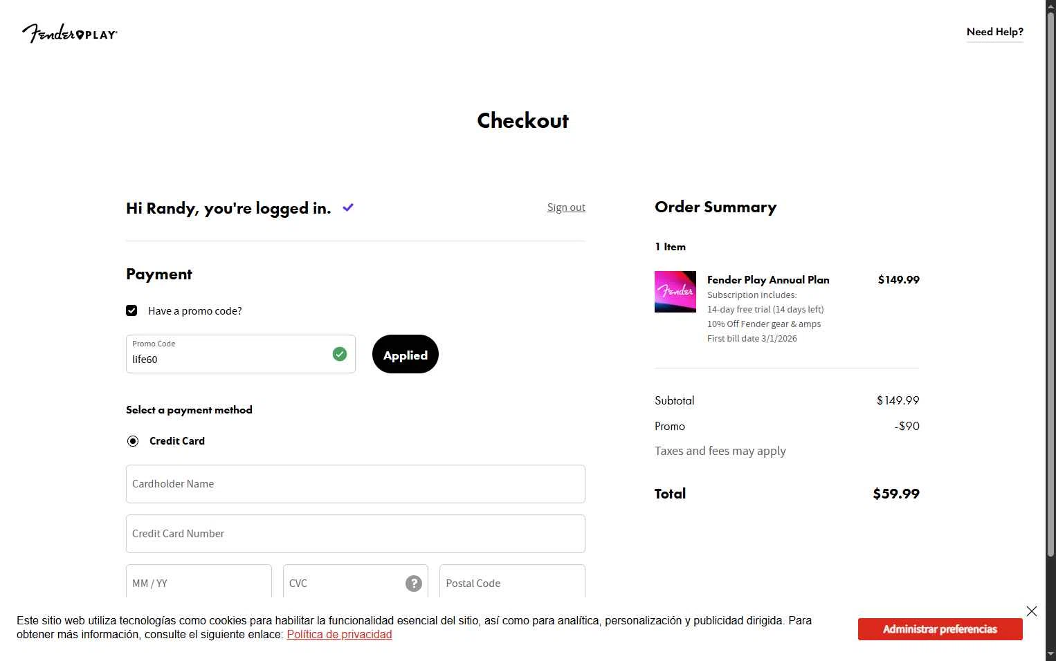 Fender Play checkout page showing Fender Play promo code box | Screenshot taken by SimplyCodes community member on Dec 20, 2025