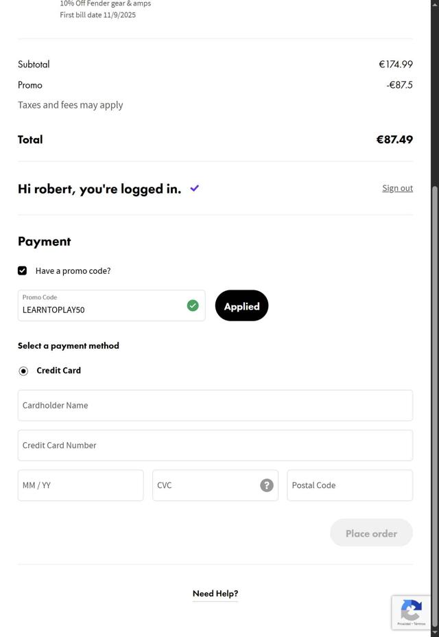 Fender Play checkout page showing Fender Play promo code box | Screenshot taken by SimplyCodes community member on Aug 28, 2025