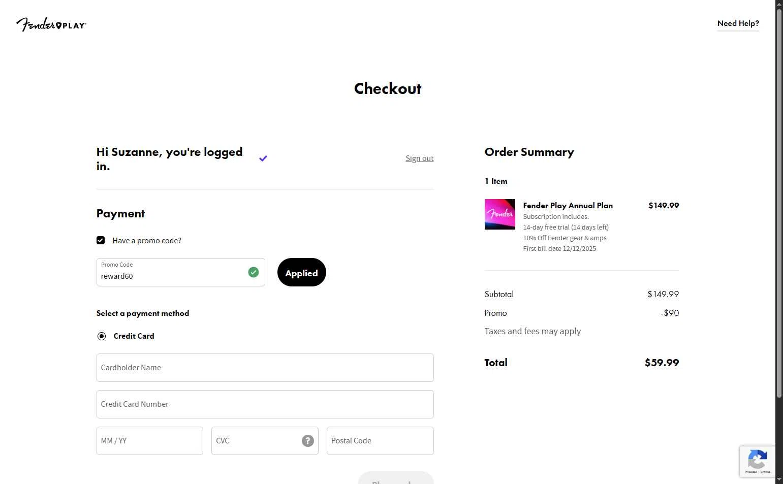 Fender Play checkout page showing Fender Play promo code box | Screenshot taken by SimplyCodes community member on Nov 28, 2025