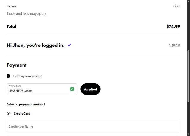Fender Play checkout page showing Fender Play promo code box | Screenshot taken by SimplyCodes community member on Sep 4, 2025