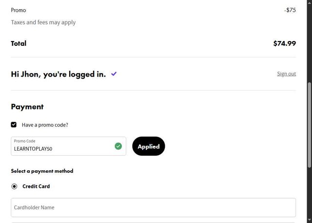 Fender Play checkout page showing Fender Play promo code box | Screenshot taken by SimplyCodes community member on Sep 4, 2025
