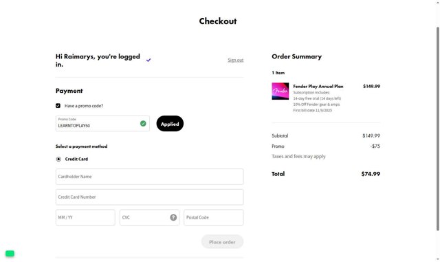 Fender Play checkout page showing Fender Play promo code box | Screenshot taken by SimplyCodes community member on Aug 28, 2025