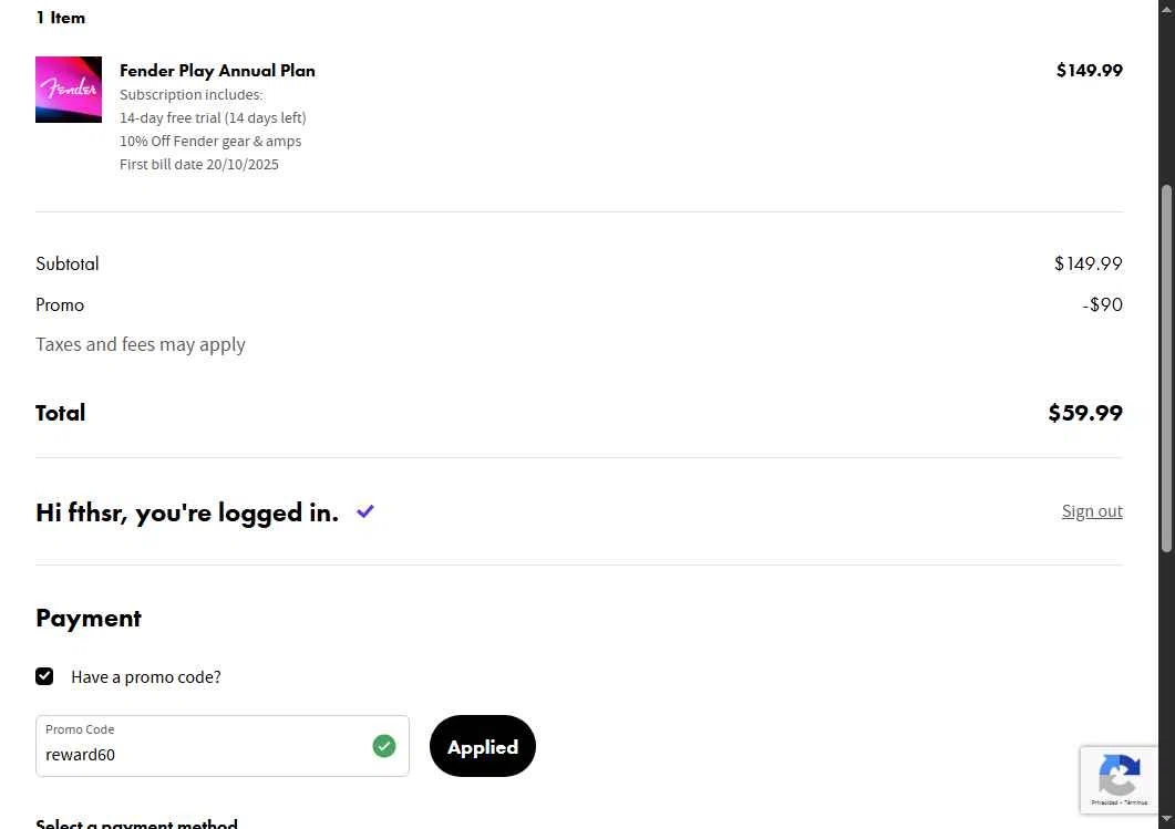 Fender Play App checkout page showing Fender Play App promo code box | Screenshot taken by SimplyCodes community member on Oct 6, 2025