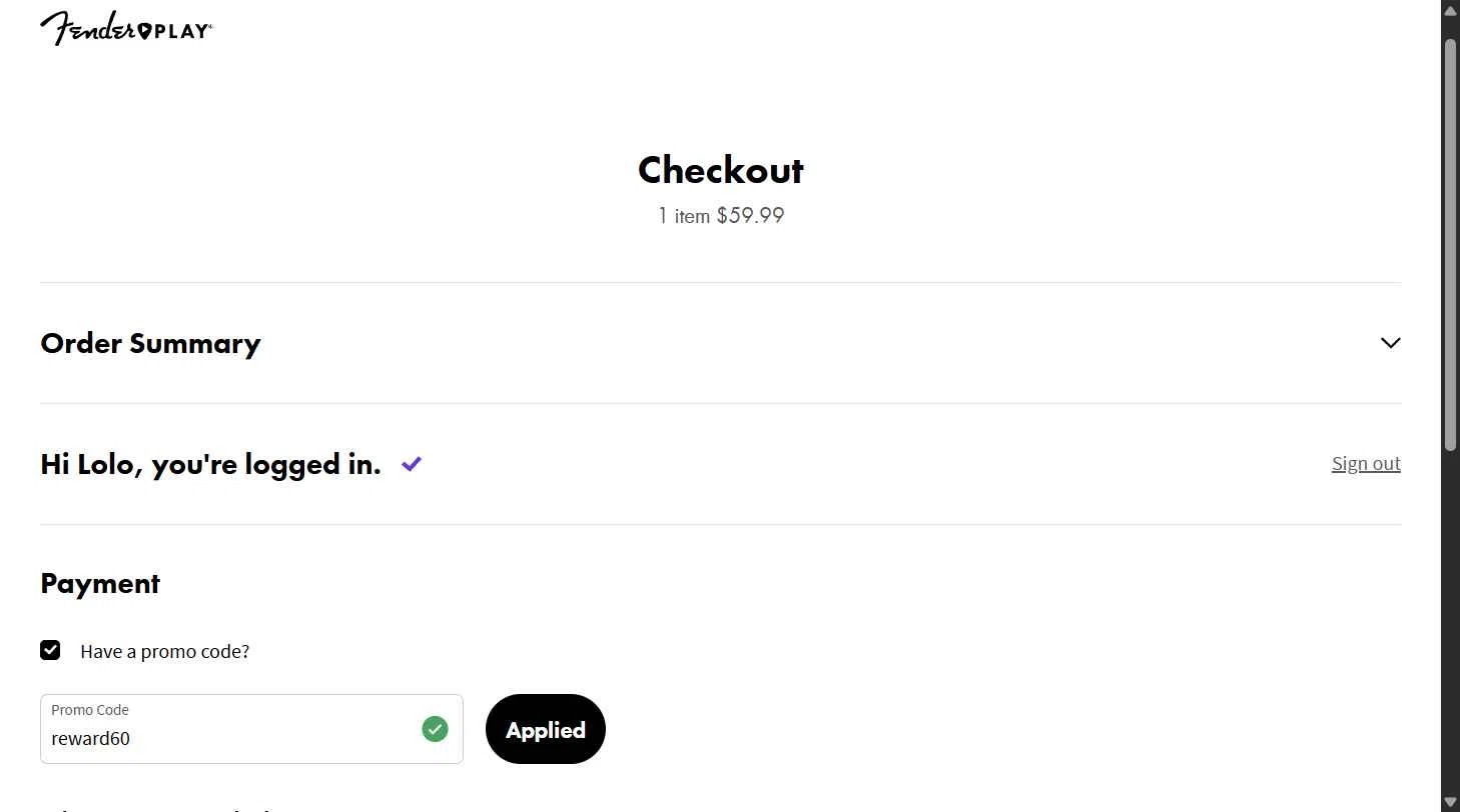 Fender Play App checkout page showing Fender Play App promo code box | Screenshot taken by SimplyCodes community member on Aug 23, 2025