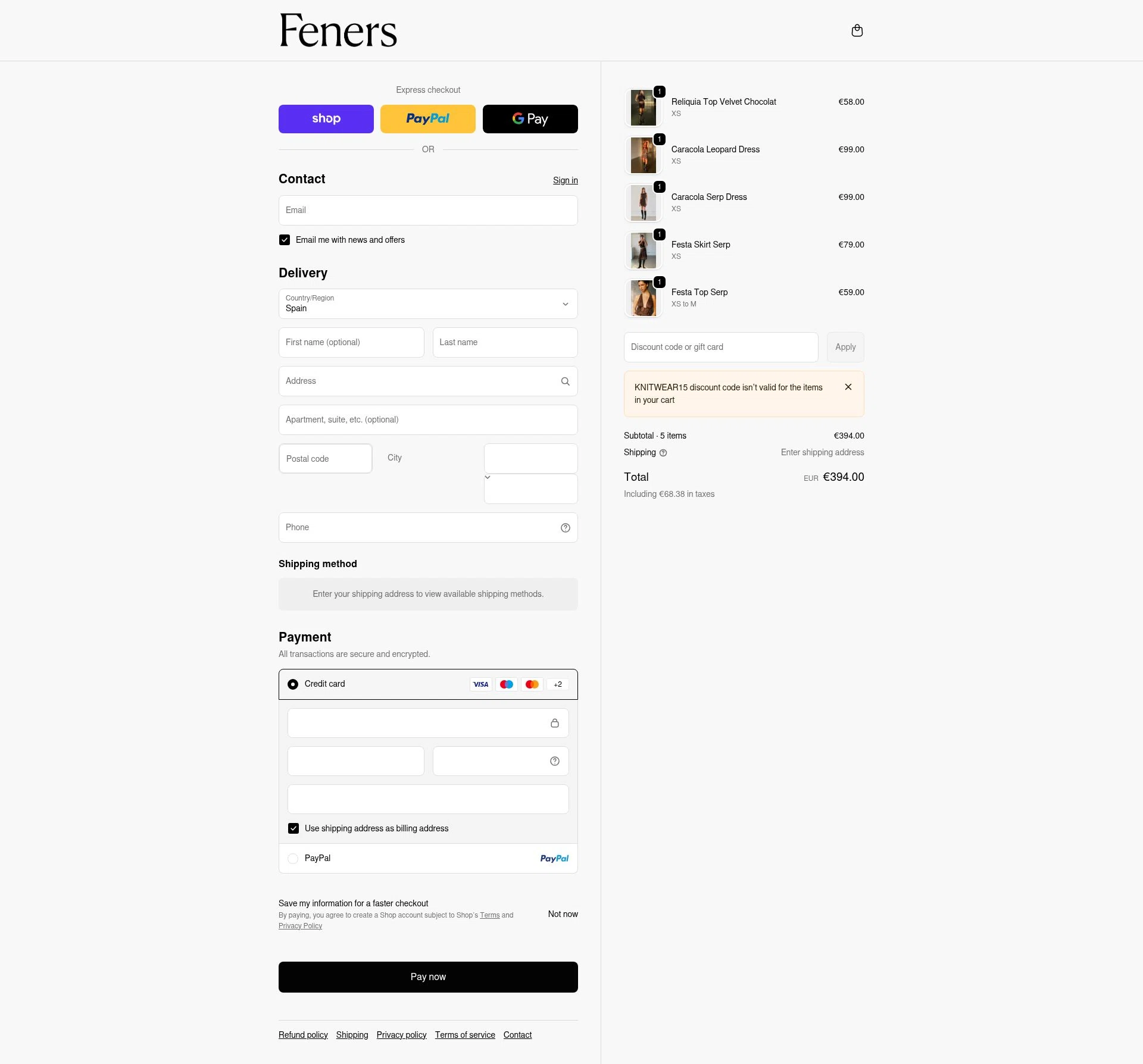 Feners checkout page showing Feners discount code box | Screenshot taken by SimplyCodes community member on Feb 14, 2026