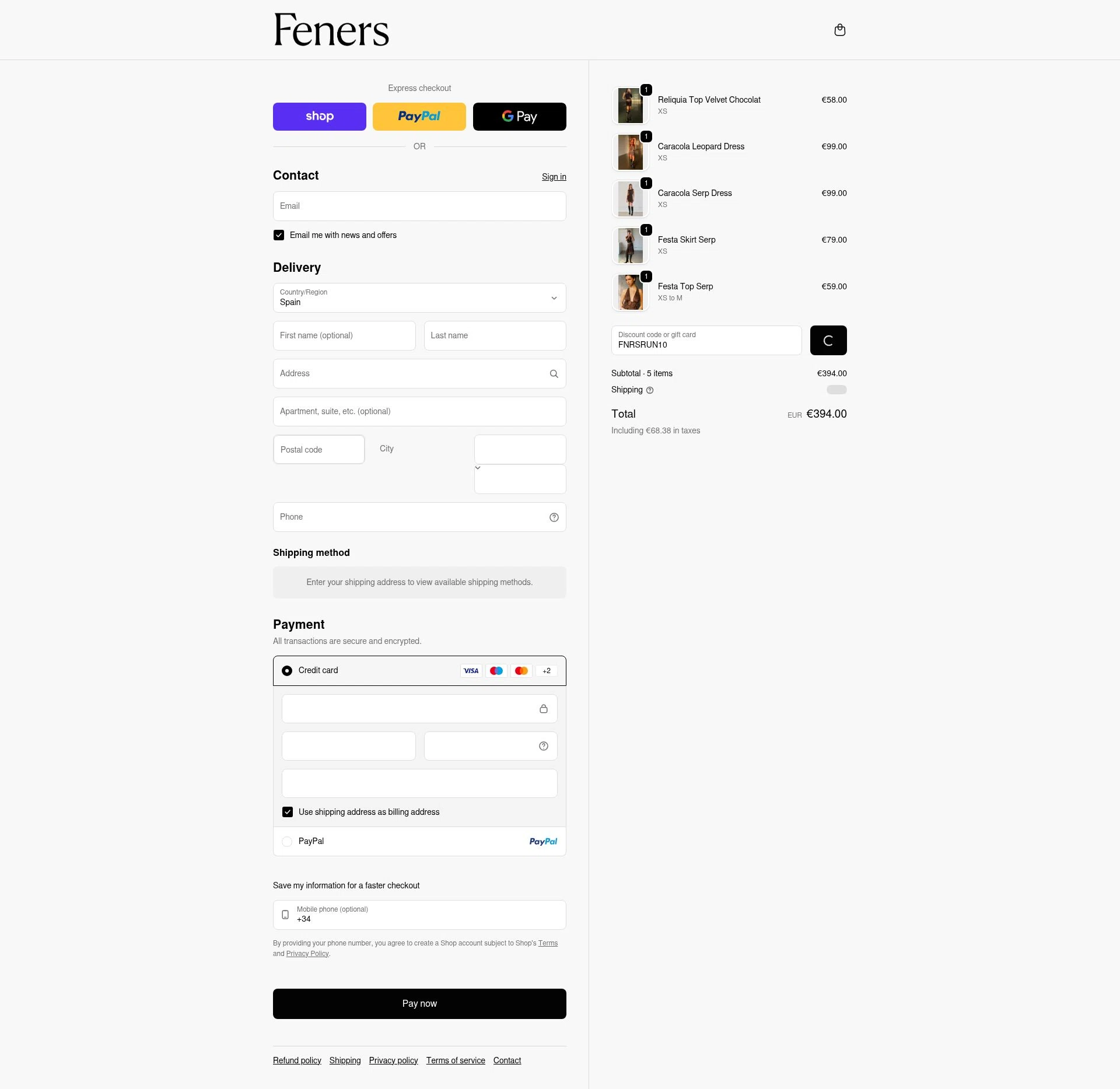 Feners checkout page showing Feners discount code box | Screenshot taken by SimplyCodes community member on Feb 18, 2026