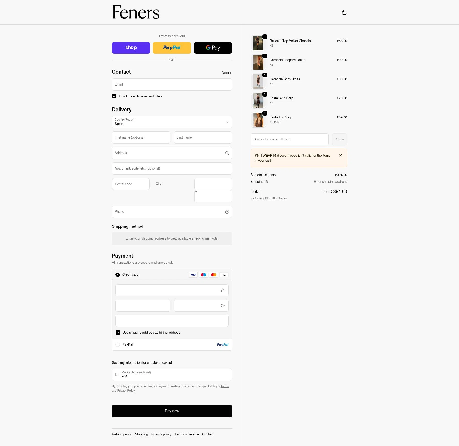 Feners checkout page showing Feners discount code box | Screenshot taken by SimplyCodes community member on Feb 18, 2026