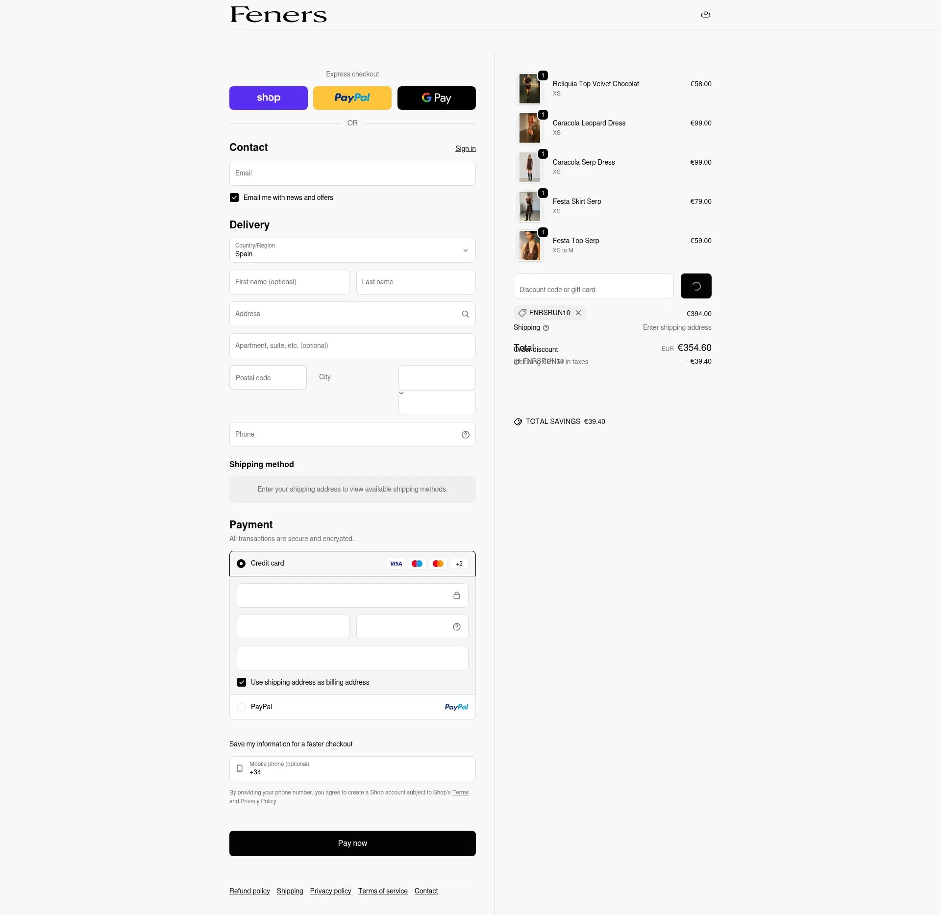 Feners checkout page showing Feners discount code box | Screenshot taken by SimplyCodes community member on Feb 10, 2026