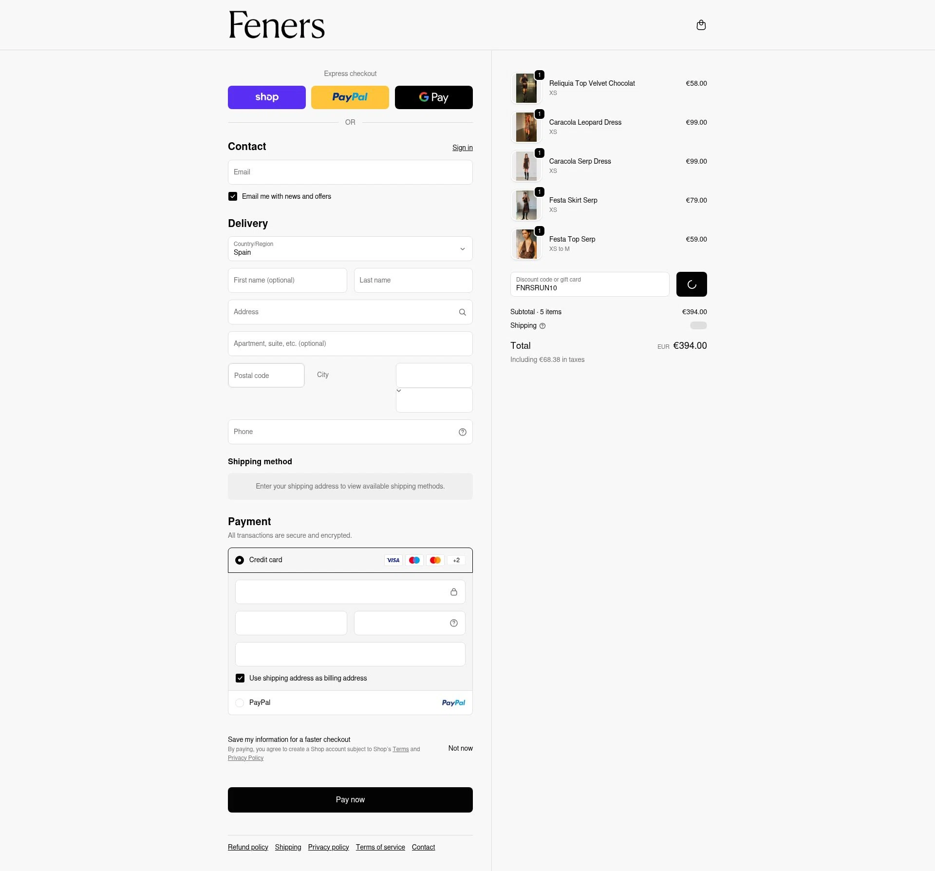 Feners checkout page showing Feners discount code box | Screenshot taken by SimplyCodes community member on Feb 14, 2026