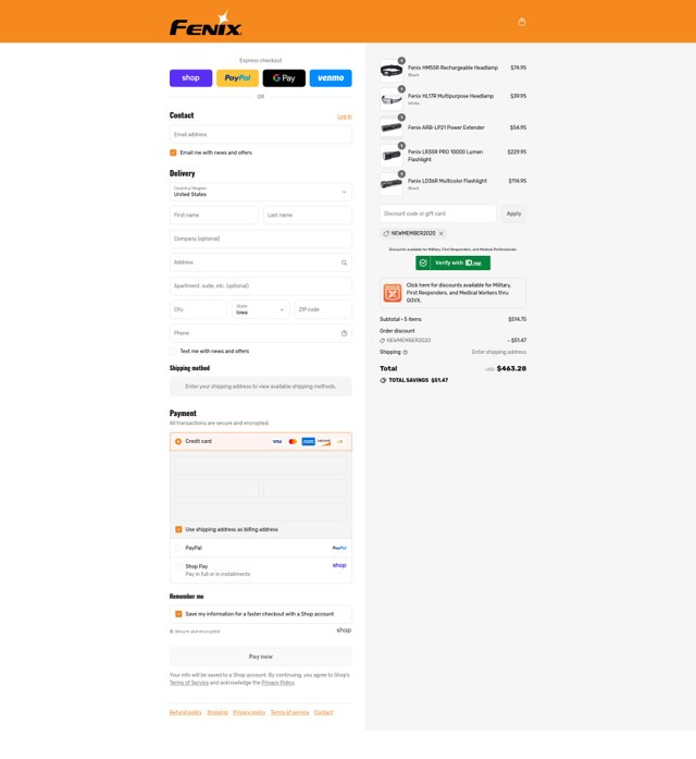 Fenix Lighting checkout page showing Fenix Lighting coupon code box | Screenshot taken by SimplyCodes community member on Aug 28, 2025