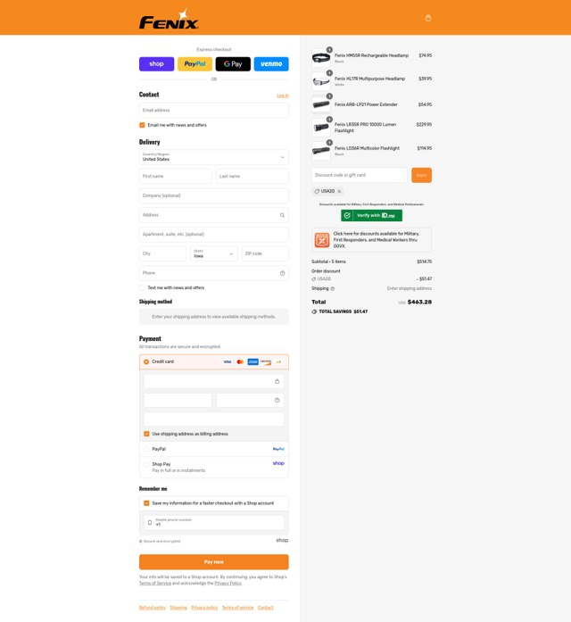 Fenix Lighting checkout page showing Fenix Lighting coupon code box | Screenshot taken by SimplyCodes community member on Aug 28, 2025