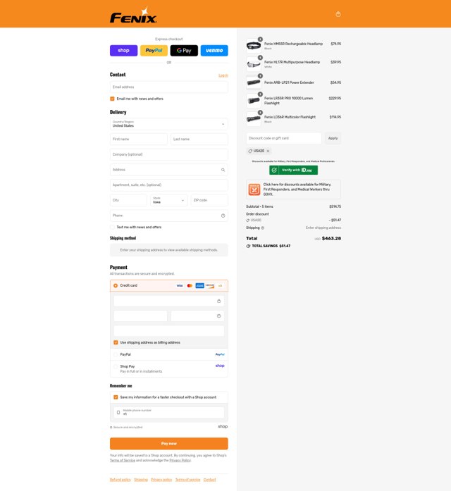 Fenix Lighting checkout page showing Fenix Lighting coupon code box | Screenshot taken by SimplyCodes community member on Sep 2, 2025