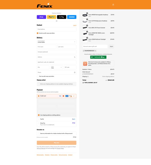 Fenix Lighting checkout page showing Fenix Lighting coupon code box | Screenshot taken by SimplyCodes community member on Aug 28, 2025