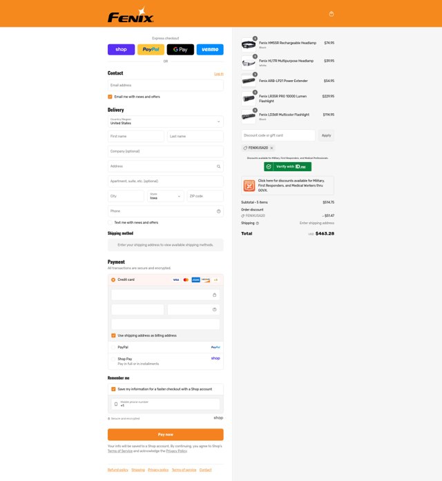 Fenix Lighting checkout page showing Fenix Lighting coupon code box | Screenshot taken by SimplyCodes community member on Aug 28, 2025