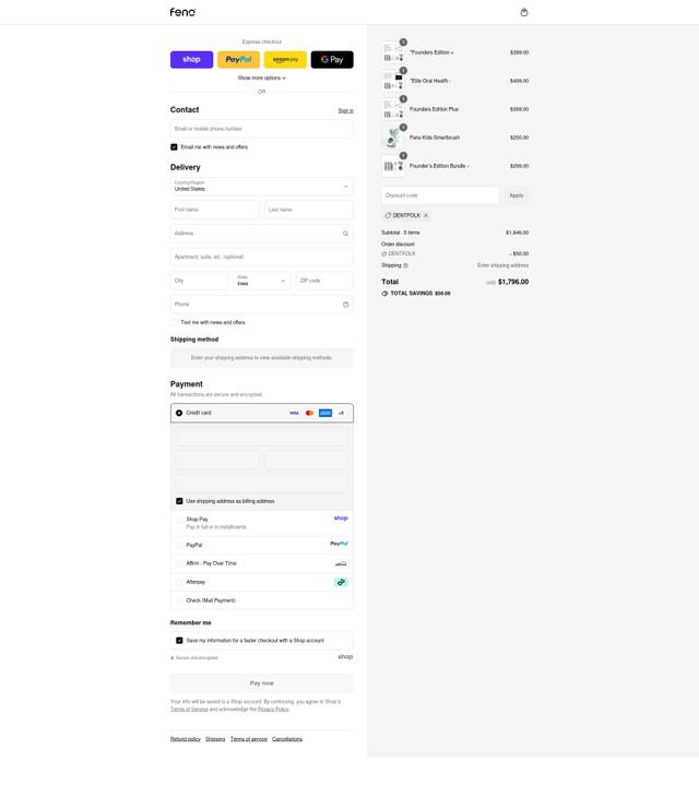Feno checkout page showing Feno discount code box | Screenshot taken by SimplyCodes community member on Sep 13, 2025