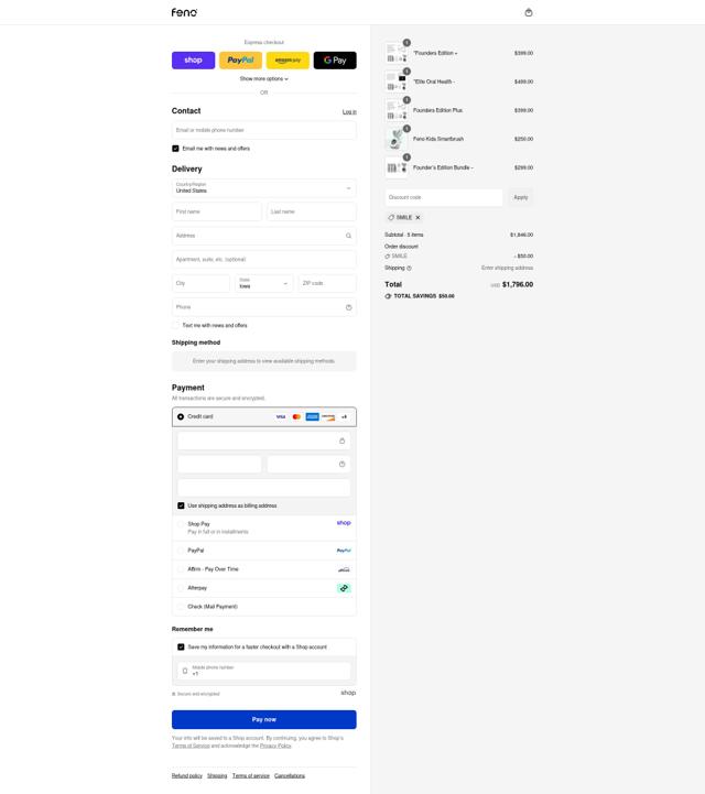 Feno checkout page showing Feno discount code box | Screenshot taken by SimplyCodes community member on Sep 9, 2025