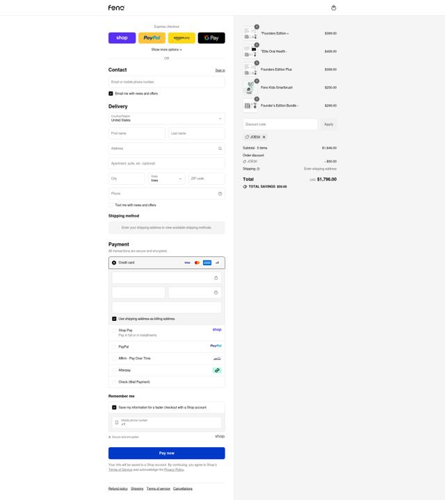 Feno checkout page showing Feno discount code box | Screenshot taken by SimplyCodes community member on Sep 13, 2025