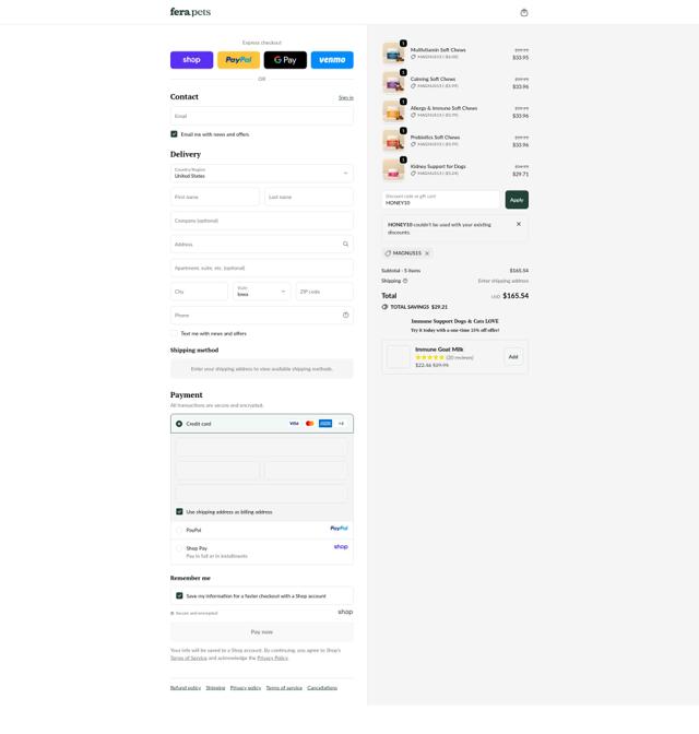 Fera Pets checkout page showing Fera Pets discount code box | Screenshot taken by SimplyCodes community member on Oct 1, 2025