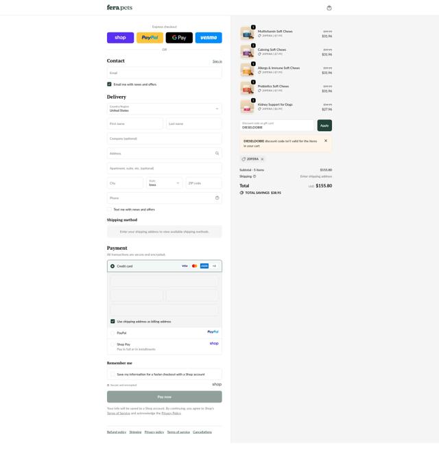 Fera Pets checkout page showing Fera Pets discount code box | Screenshot taken by SimplyCodes community member on Oct 1, 2025