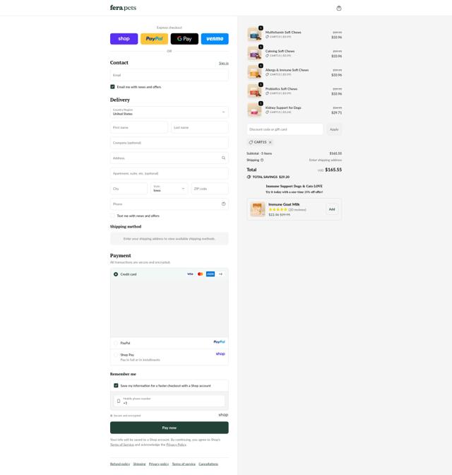 Fera Pets checkout page showing Fera Pets discount code box | Screenshot taken by SimplyCodes community member on Oct 1, 2025