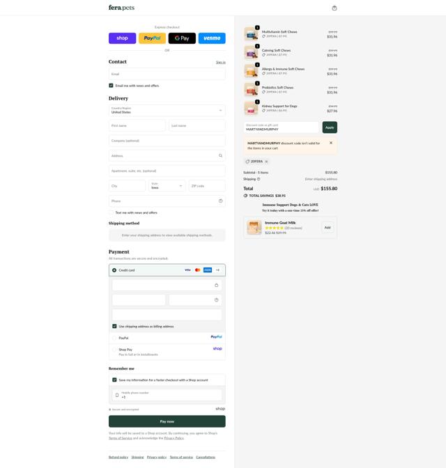 Fera Pets checkout page showing Fera Pets discount code box | Screenshot taken by SimplyCodes community member on Oct 1, 2025