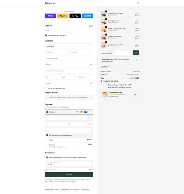 Fera Pets checkout page showing Fera Pets discount code box | Screenshot taken by SimplyCodes community member on Oct 1, 2025