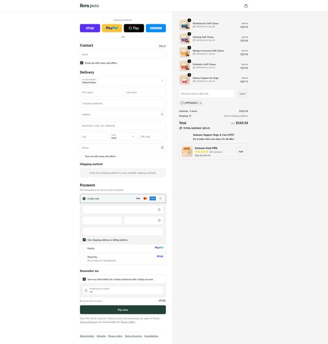 Fera Pets checkout page showing Fera Pets discount code box | Screenshot taken by SimplyCodes community member on Oct 1, 2025