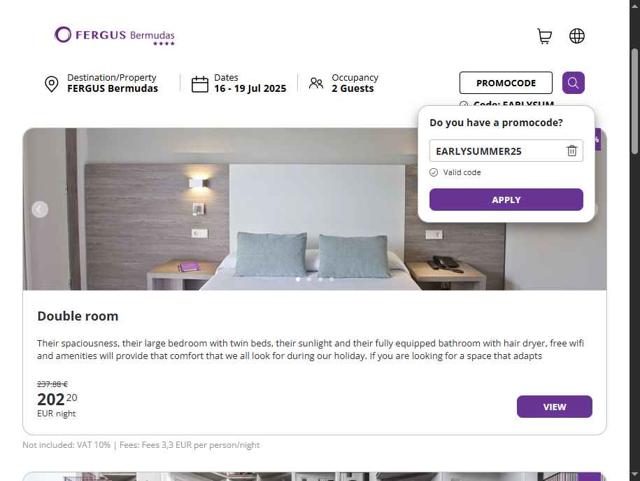 Fergus Hotels checkout page showing Fergus Hotels promo code box | Screenshot taken by SimplyCodes community member on Jul 9, 2025
