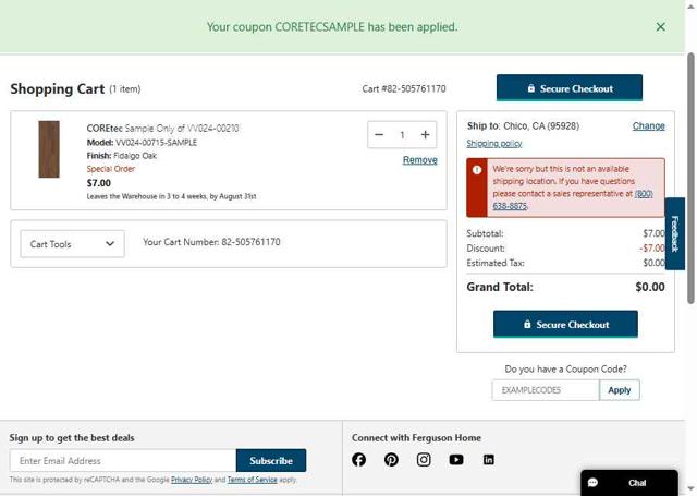 Ferguson Home checkout page showing Ferguson Home promo code box | Screenshot taken by SimplyCodes community member on Aug 3, 2025