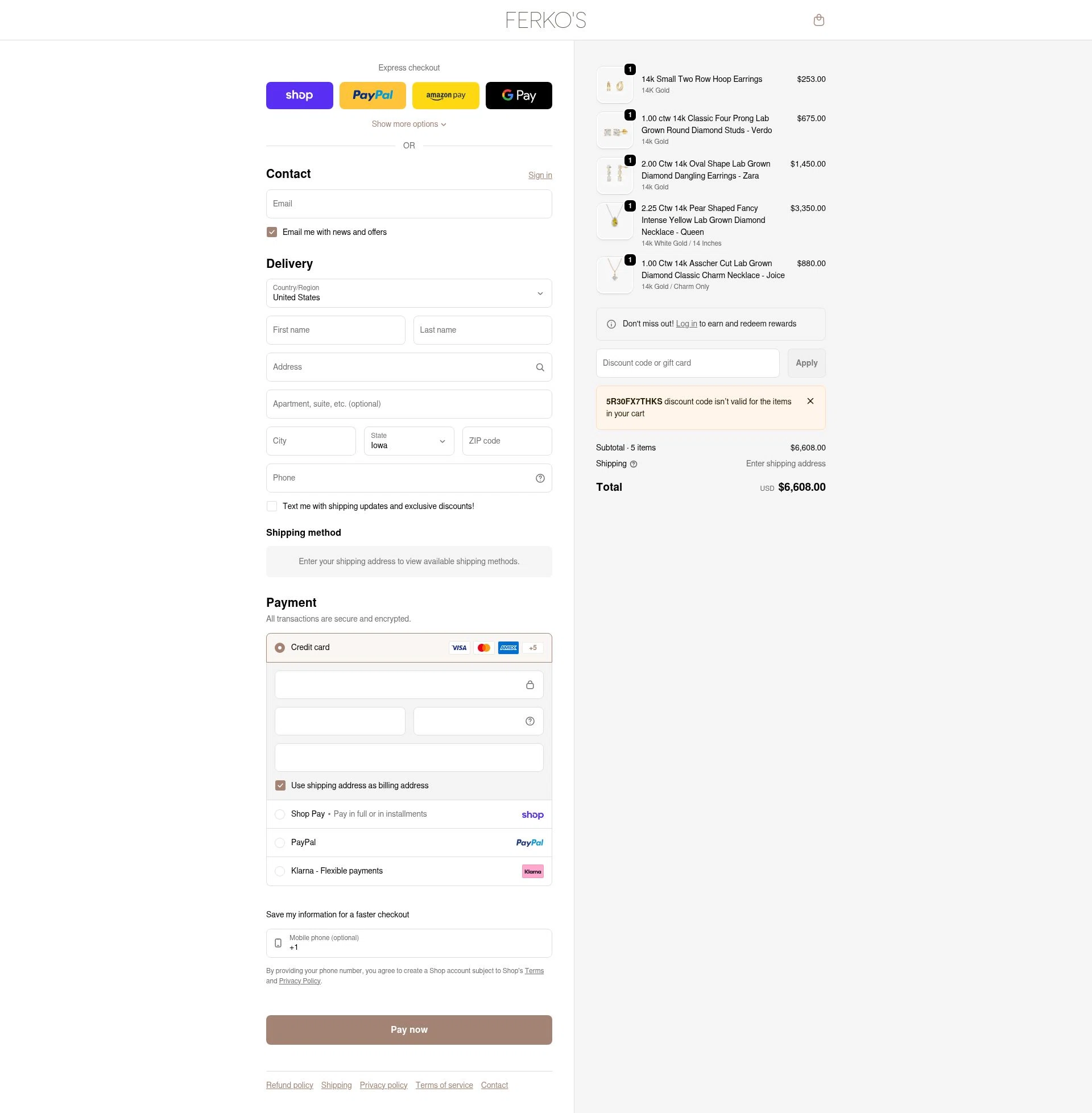 Ferkos Fine Jewelry checkout page showing Ferkos Fine Jewelry discount code box | Screenshot taken by SimplyCodes community member on Feb 20, 2026