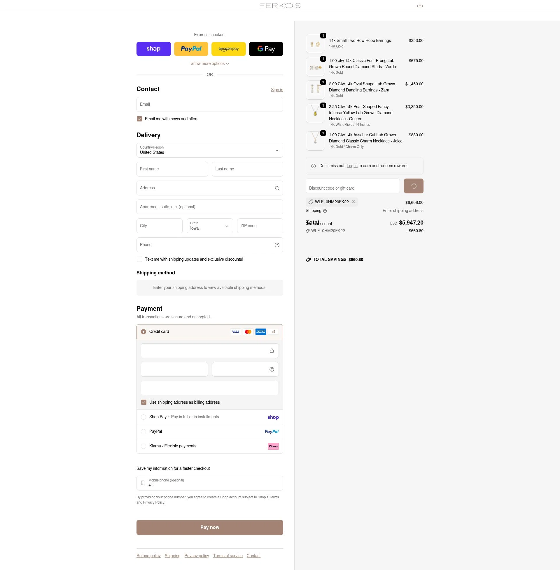 Ferkos Fine Jewelry checkout page showing Ferkos Fine Jewelry discount code box | Screenshot taken by SimplyCodes community member on Feb 20, 2026