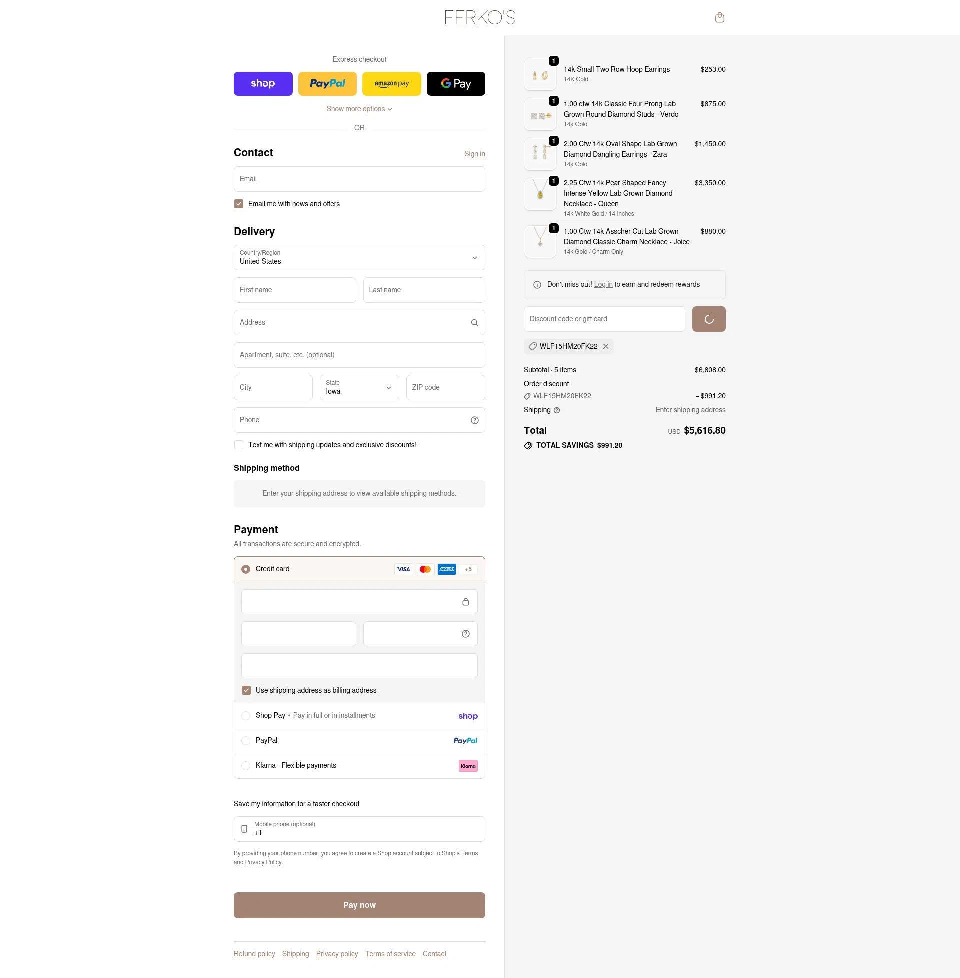 Ferkos Fine Jewelry checkout page showing Ferkos Fine Jewelry discount code box | Screenshot taken by SimplyCodes community member on Feb 20, 2026