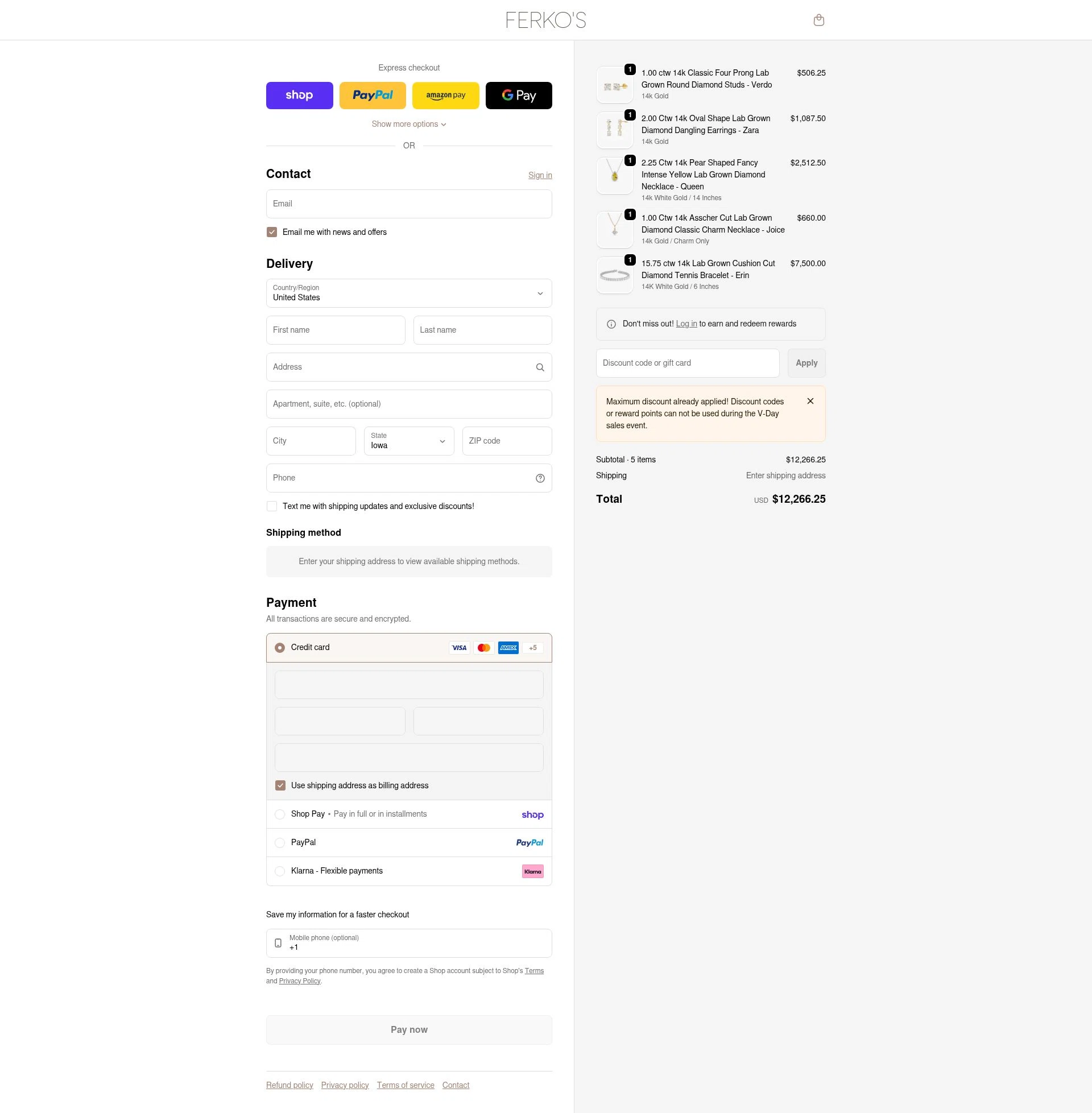Ferkos Fine Jewelry checkout page showing Ferkos Fine Jewelry discount code box | Screenshot taken by SimplyCodes community member on Feb 11, 2026