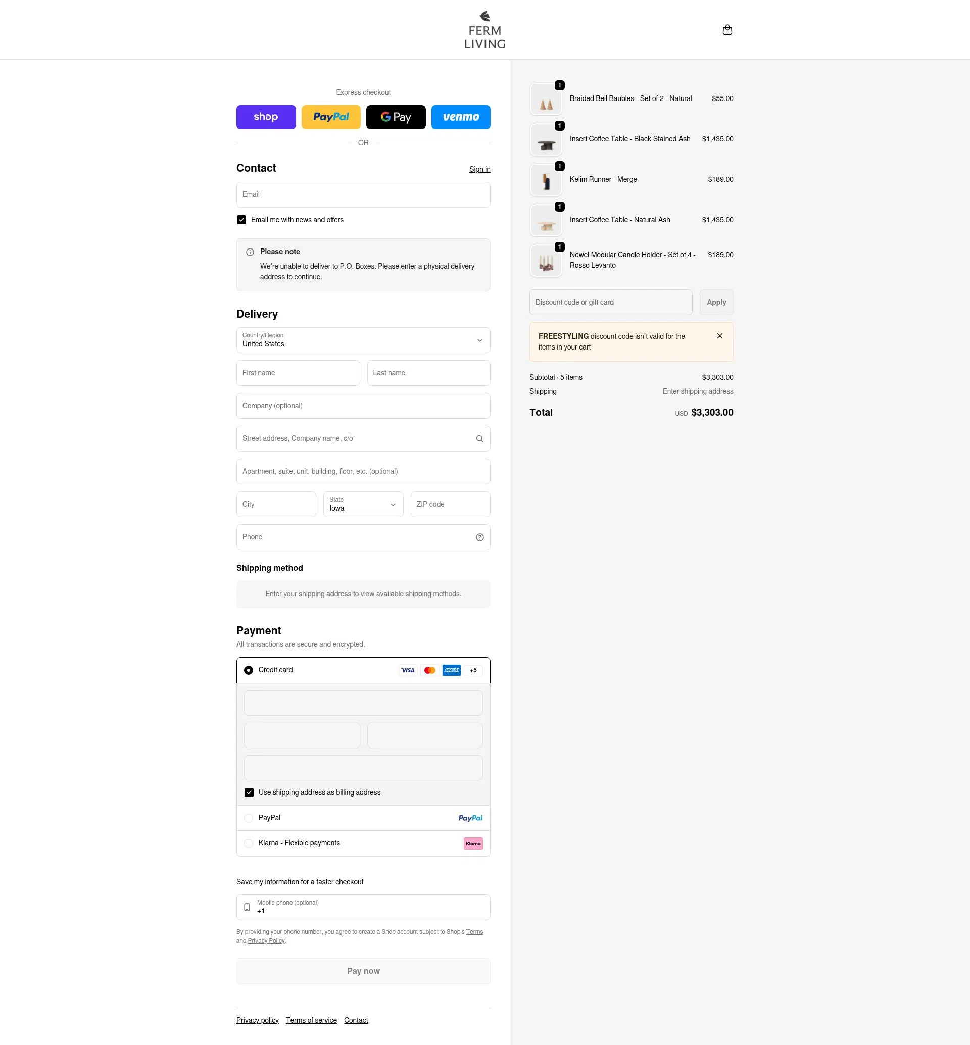 ferm LIVING checkout page showing ferm LIVING discount code box | Screenshot taken by SimplyCodes community member on Jan 18, 2026