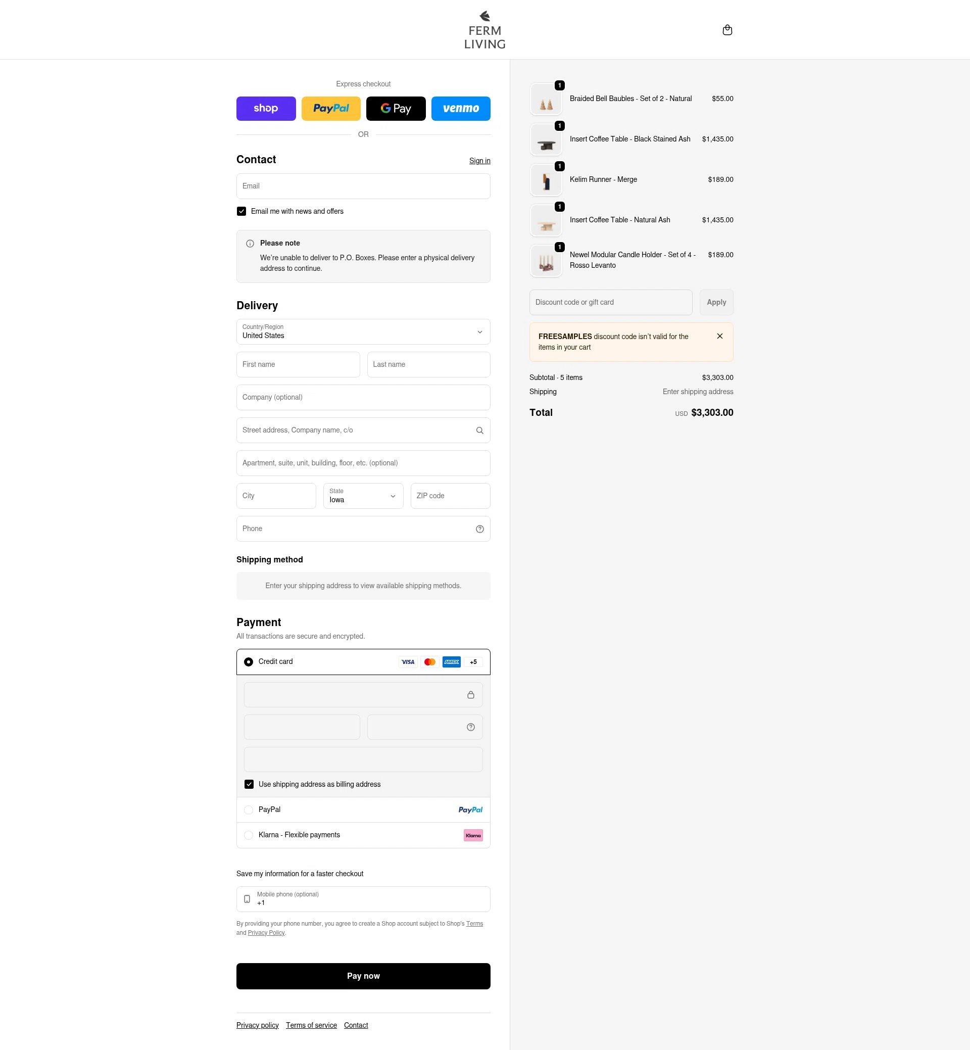 ferm LIVING checkout page showing ferm LIVING discount code box | Screenshot taken by SimplyCodes community member on Feb 5, 2026
