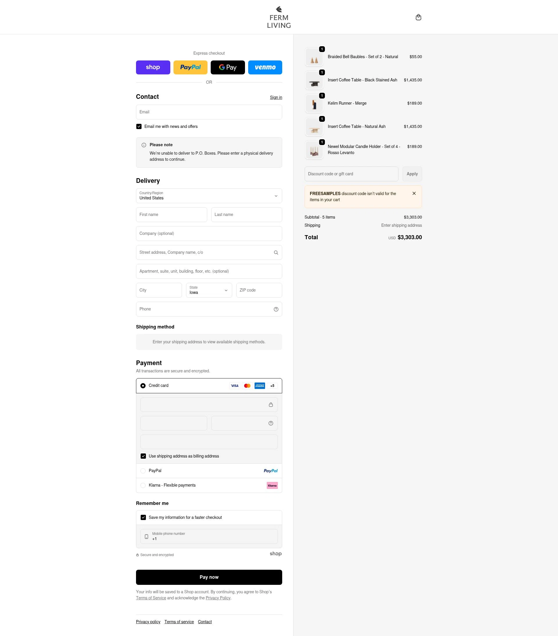 ferm LIVING checkout page showing ferm LIVING discount code box | Screenshot taken by SimplyCodes community member on Jan 27, 2026