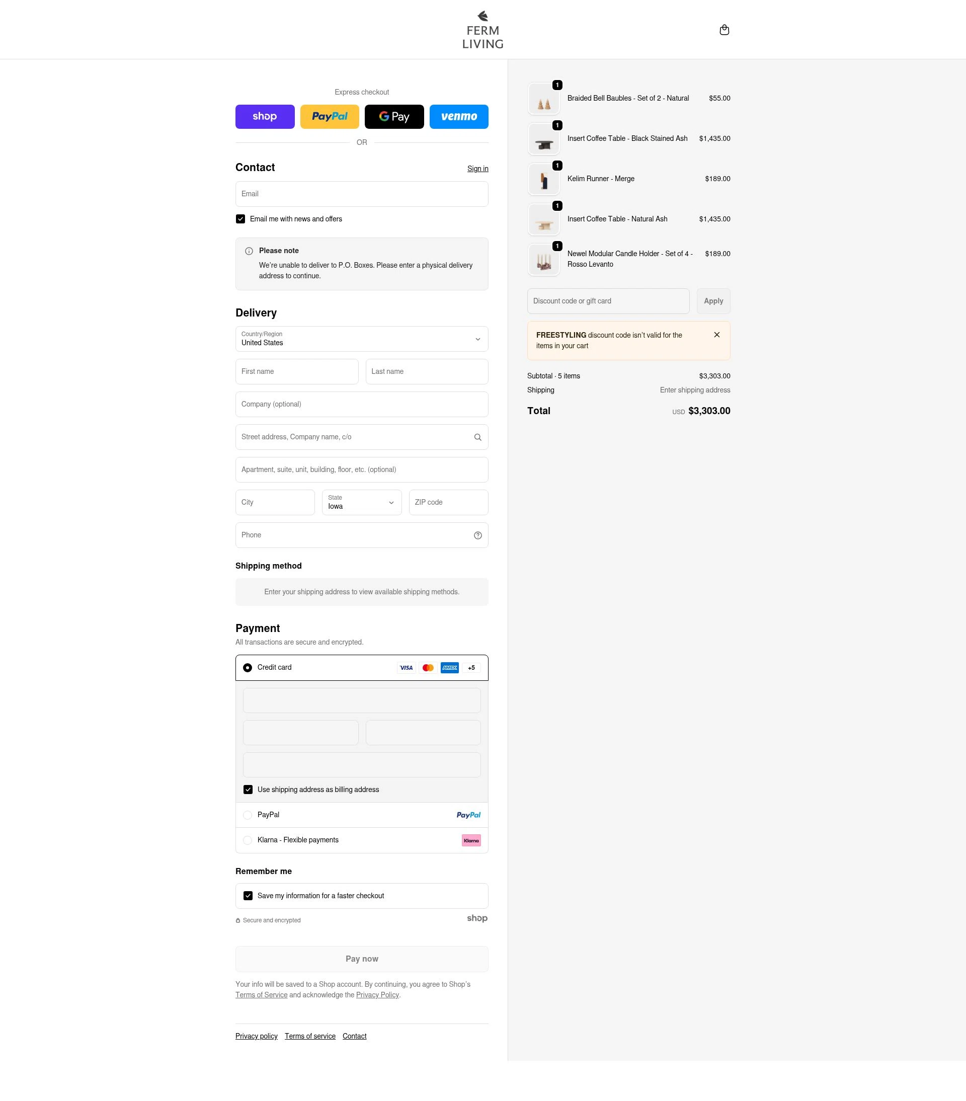 ferm LIVING checkout page showing ferm LIVING discount code box | Screenshot taken by SimplyCodes community member on Jan 27, 2026
