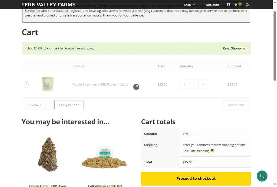 Fern Valley Farms checkout page showing Fern Valley Farms coupon code box | Screenshot taken by SimplyCodes community member on Jan 31, 2026