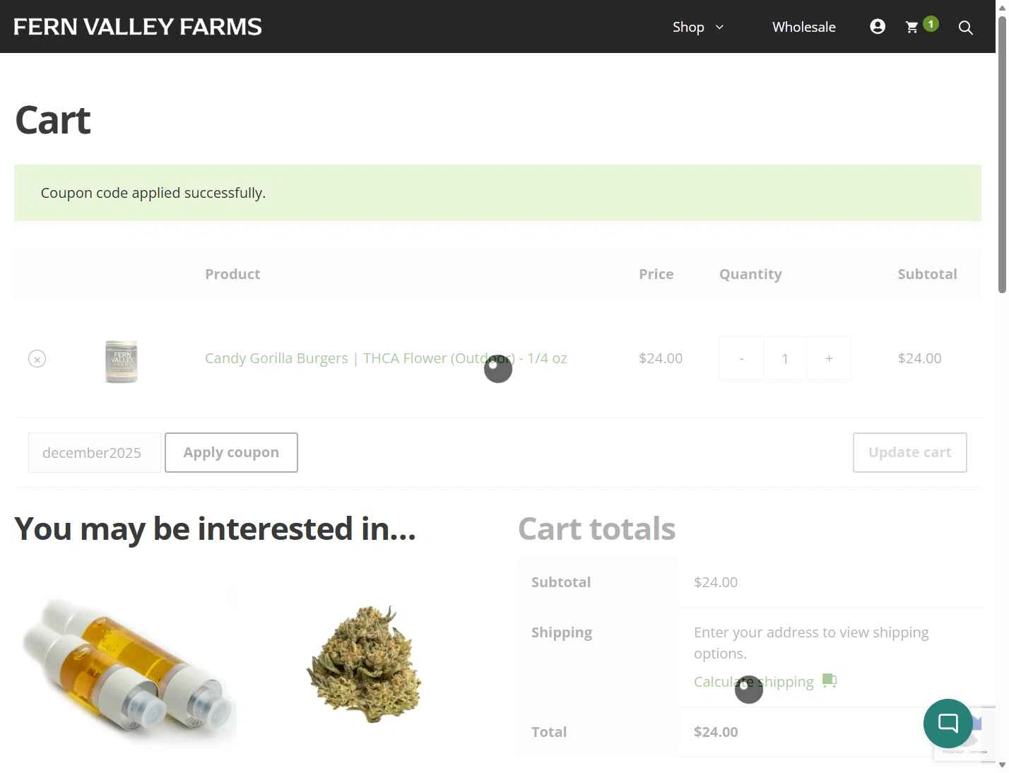 Fern Valley Farms checkout page showing Fern Valley Farms coupon code box | Screenshot taken by SimplyCodes community member on Dec 19, 2025