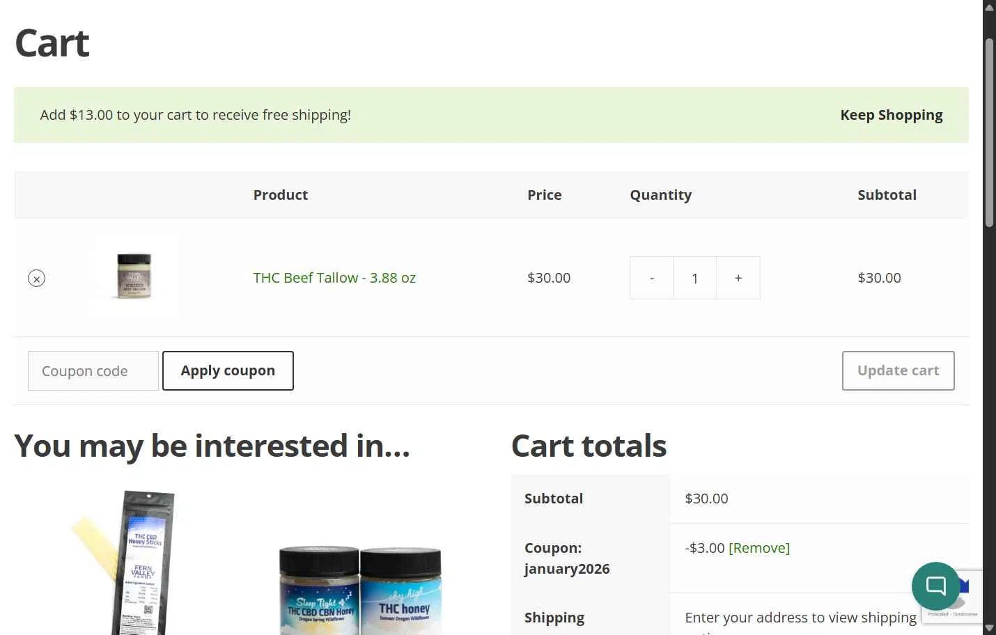 Fern Valley Farms checkout page showing Fern Valley Farms coupon code box | Screenshot taken by SimplyCodes community member on Jan 5, 2026