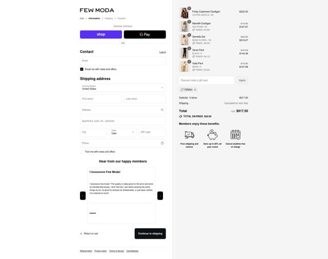 Few Moda checkout page showing Few Moda promo code box | Screenshot taken by SimplyCodes community member on Sep 8, 2025