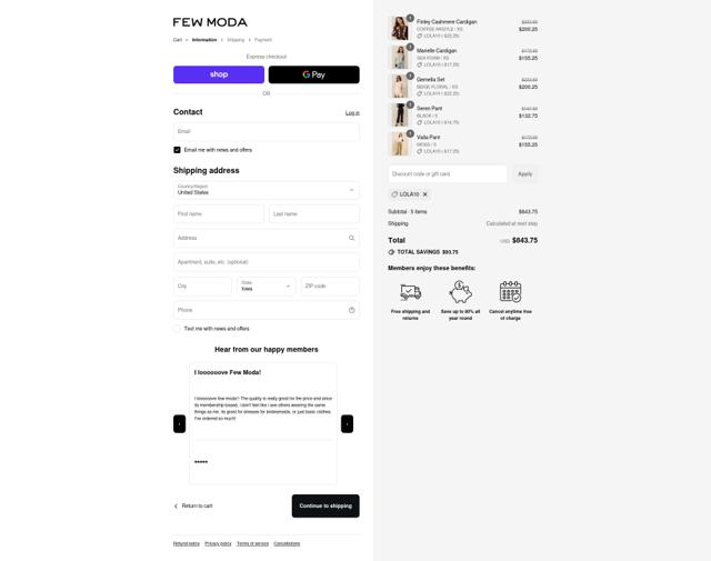 Few Moda checkout page showing Few Moda promo code box | Screenshot taken by SimplyCodes community member on Sep 4, 2025