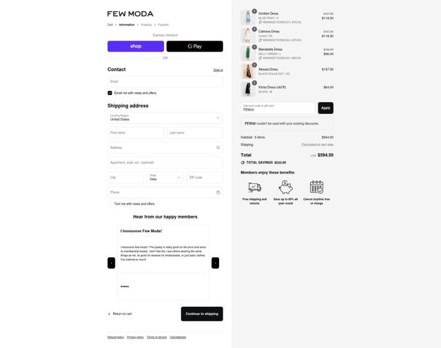 Few Moda checkout page showing Few Moda promo code box | Screenshot taken by SimplyCodes community member on Sep 12, 2025