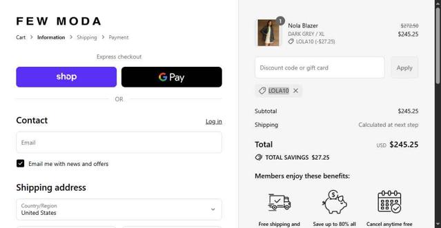 Few Moda checkout page showing Few Moda promo code box | Screenshot taken by SimplyCodes community member on Aug 31, 2025