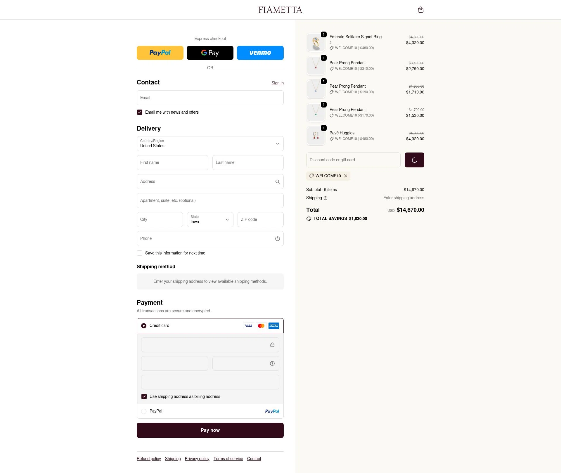 Fiametta checkout page showing Fiametta promo code box | Screenshot taken by SimplyCodes community member on Jan 1, 2026