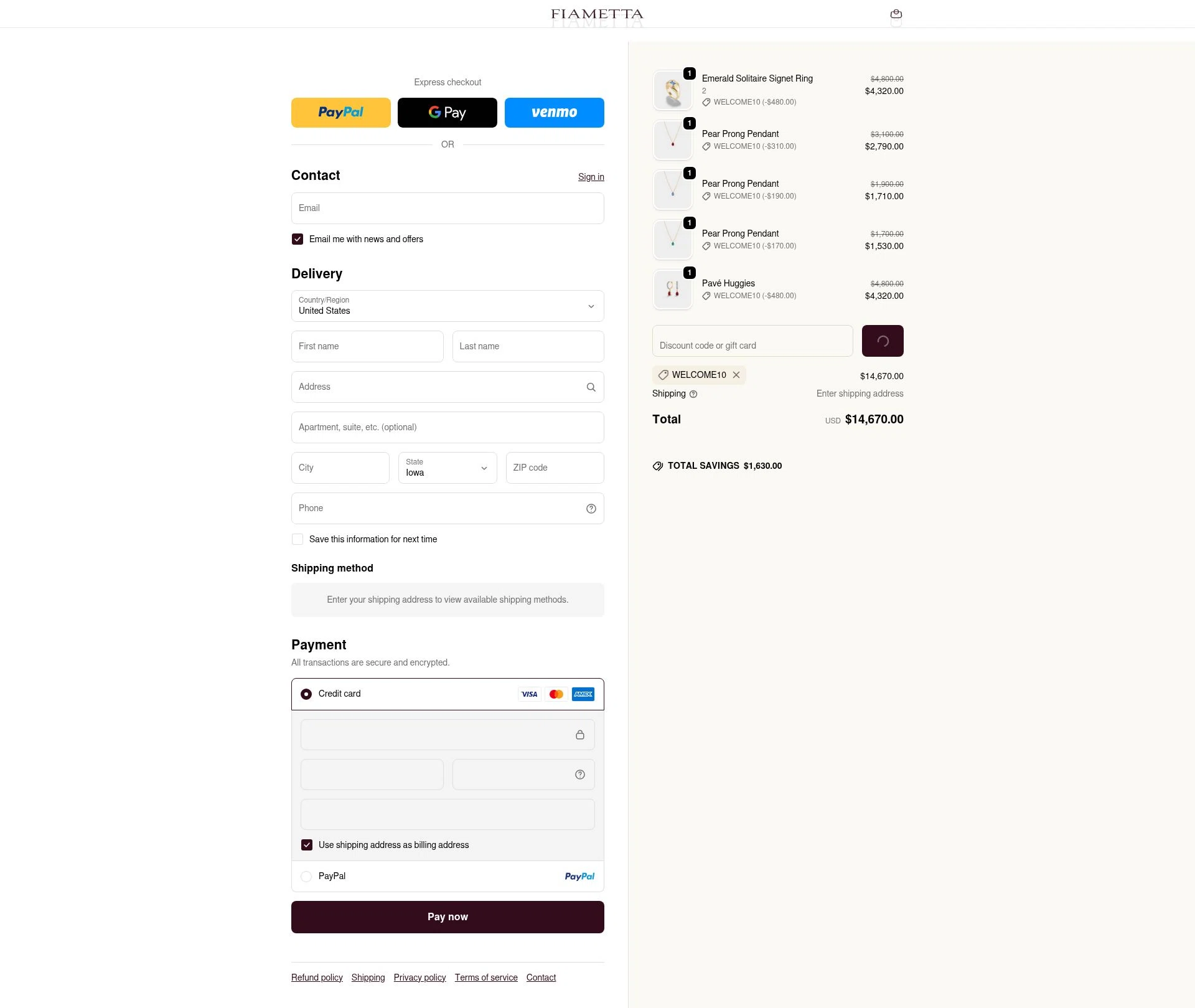 Fiametta checkout page showing Fiametta promo code box | Screenshot taken by SimplyCodes community member on Dec 27, 2025