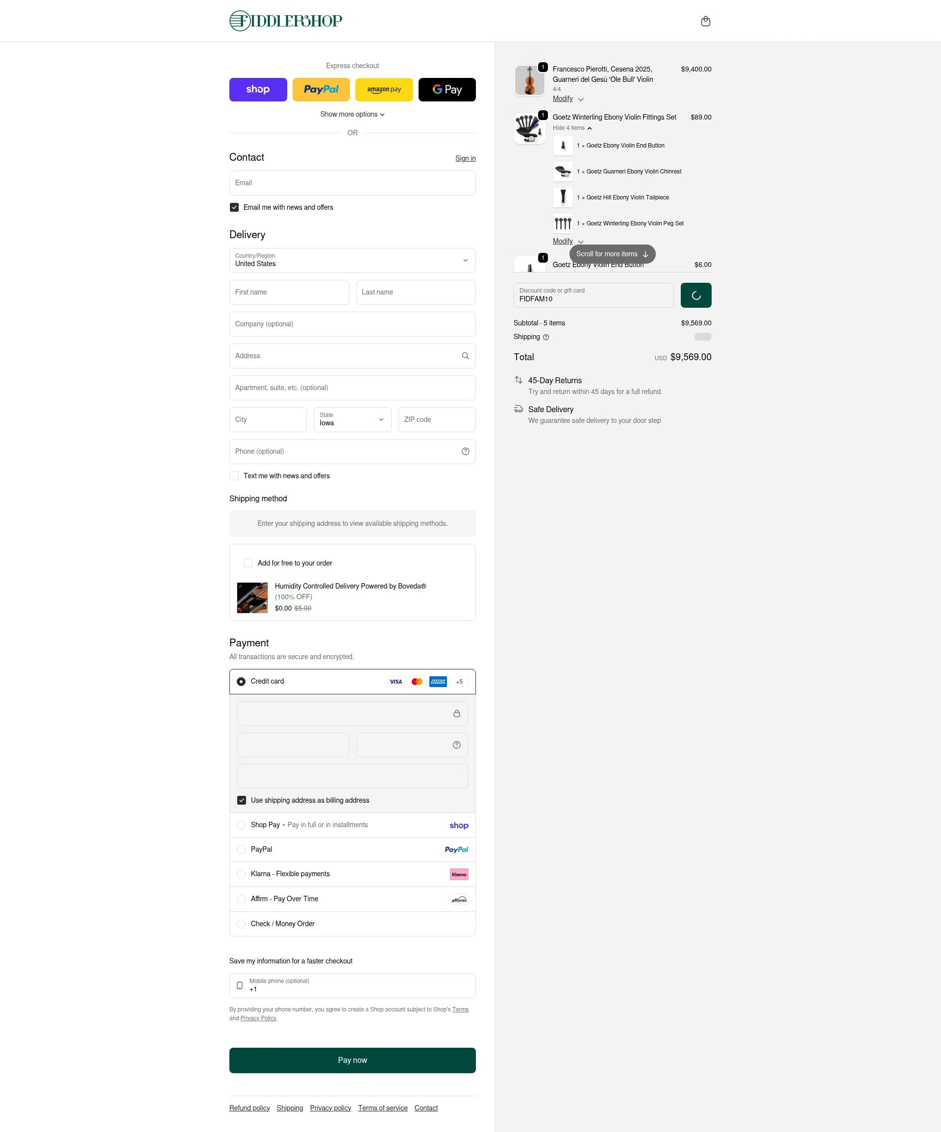 Fiddlershop checkout page showing Fiddlershop discount code box | Screenshot taken by SimplyCodes community member on Feb 6, 2026