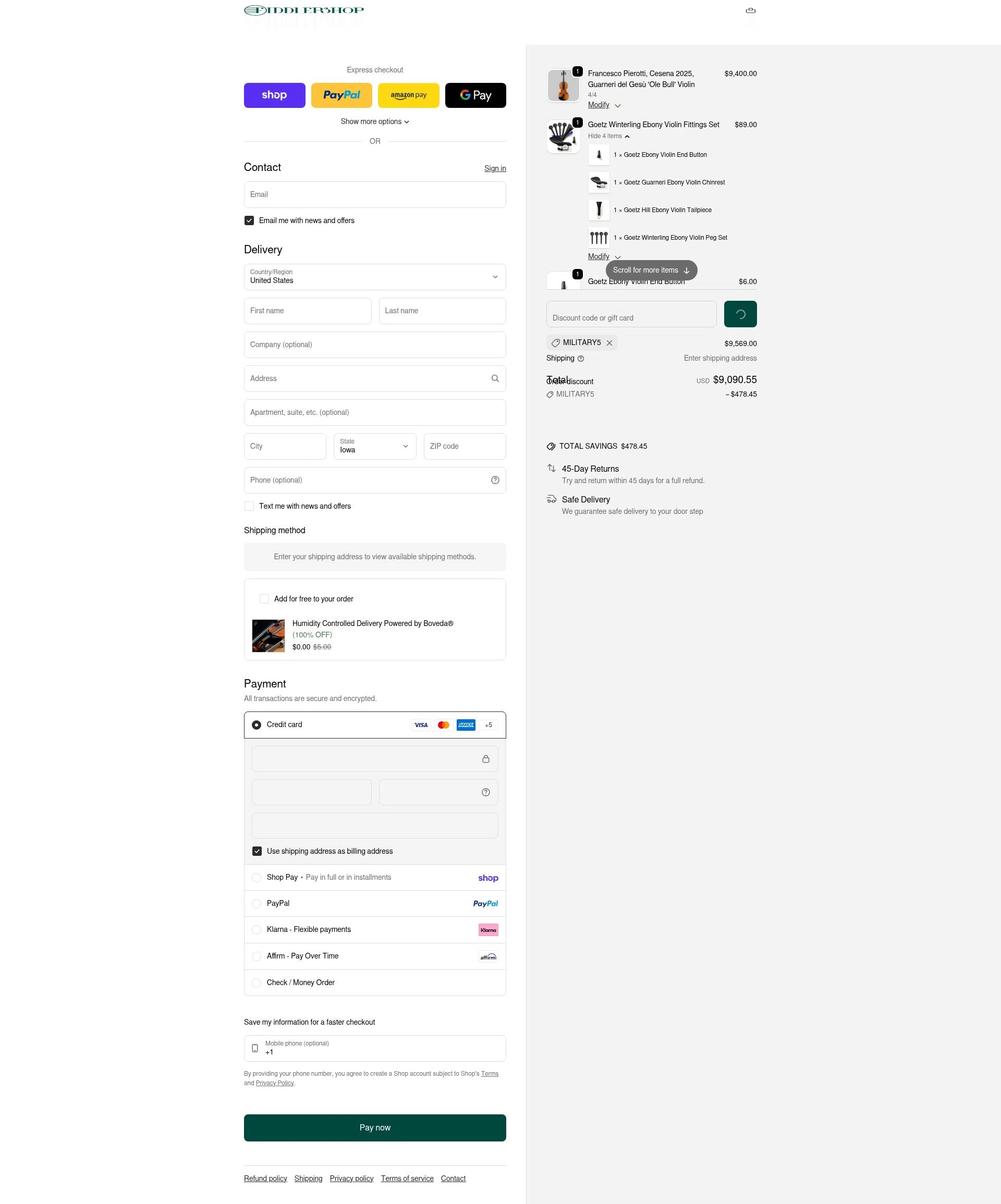 Fiddlershop checkout page showing Fiddlershop discount code box | Screenshot taken by SimplyCodes community member on Feb 2, 2026