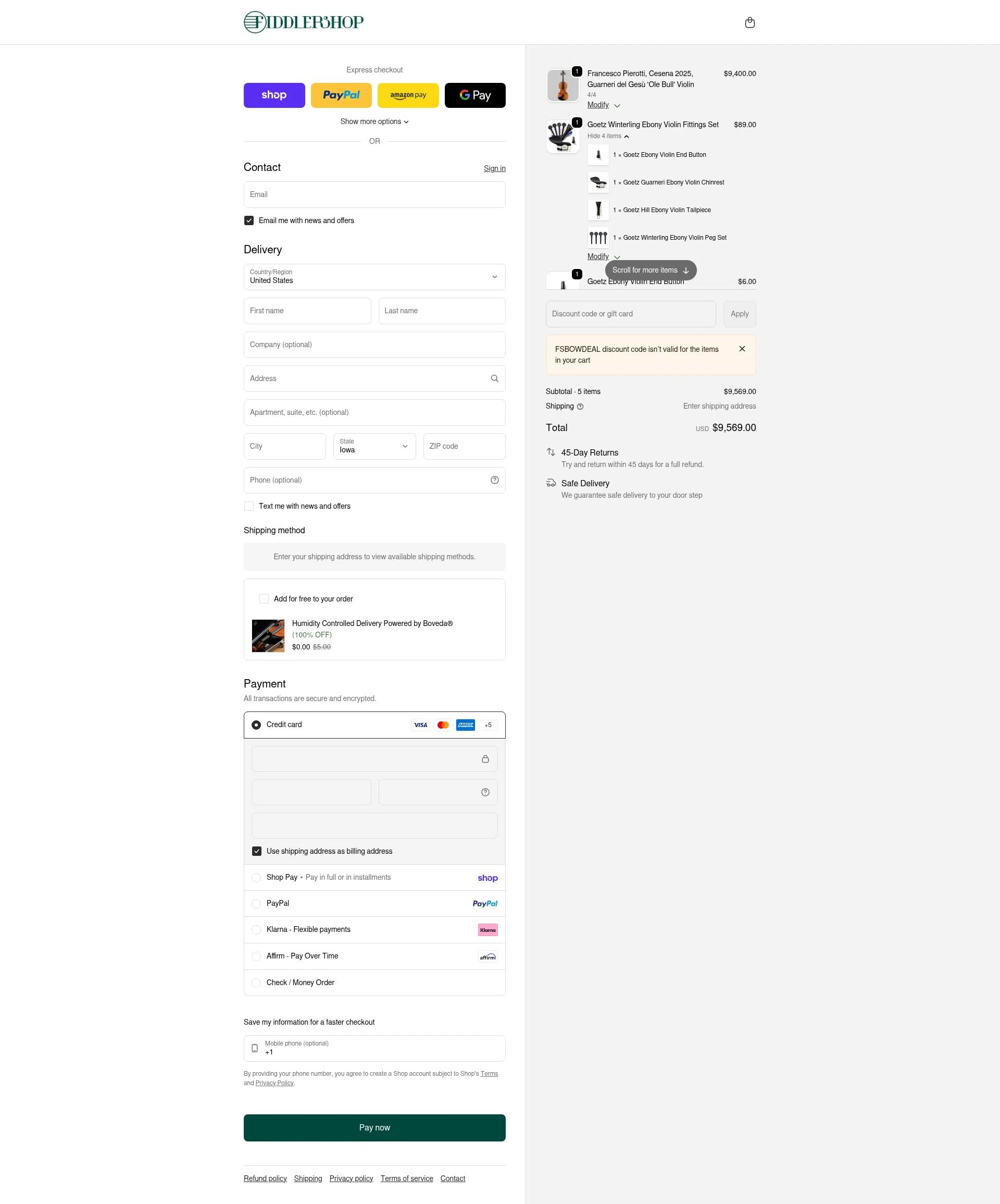 Fiddlershop checkout page showing Fiddlershop discount code box | Screenshot taken by SimplyCodes community member on Feb 2, 2026