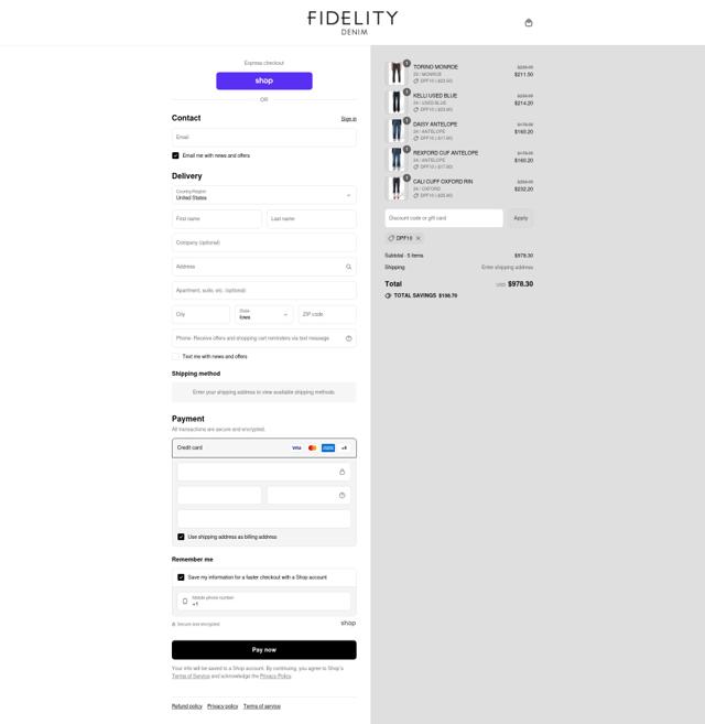 Fidelity Denim checkout page showing Fidelity Denim promo code box | Screenshot taken by SimplyCodes community member on Sep 14, 2025